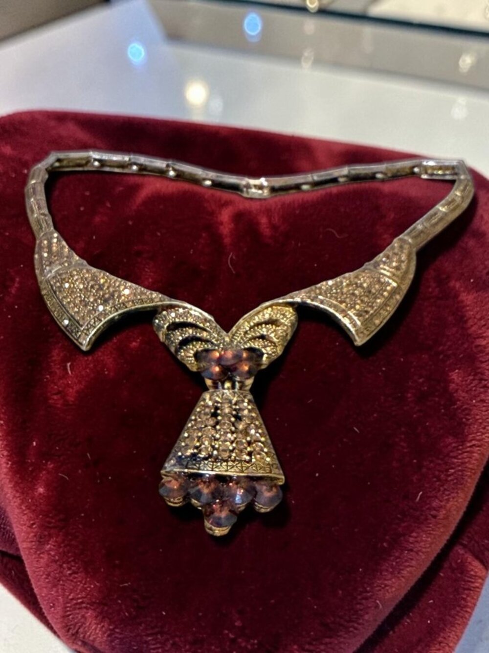 Vintage Gold-Tone Ornate Necklace With Amber Crystal Pendant & Intricate Details